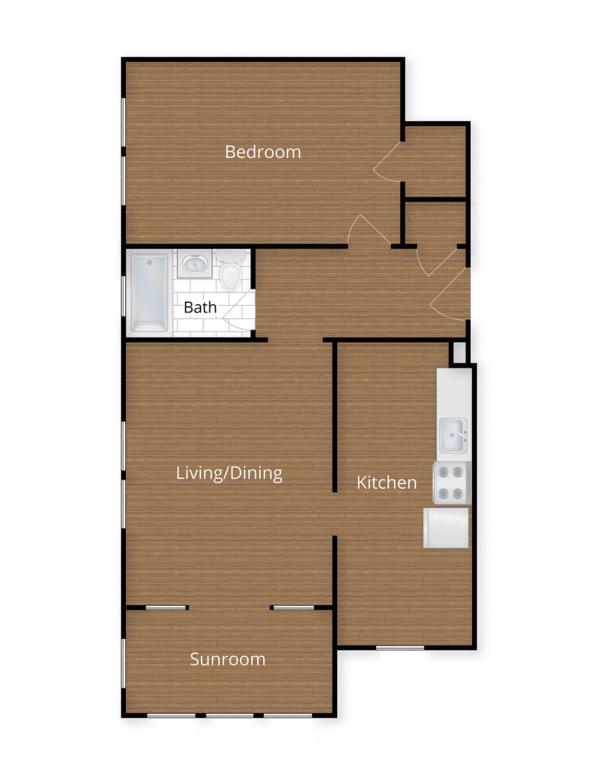 Floor plan for 1 bed, 1 bath, 733 sqft